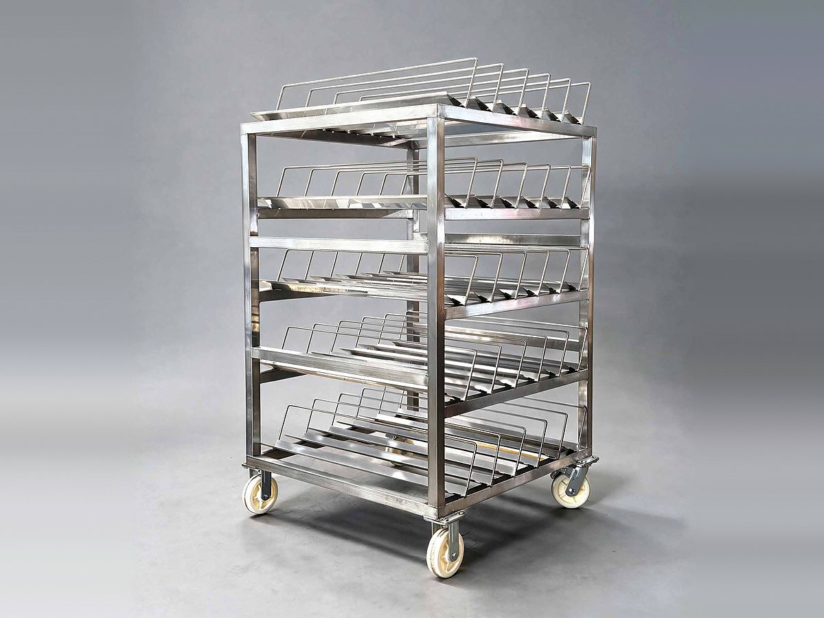 Troli material stainless steel dengan rak bertingkat untuk aliran material produksi SKT