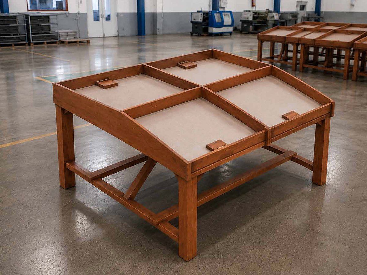 Meja linting kayu custom dengan empat bidang kerja untuk operator SKT